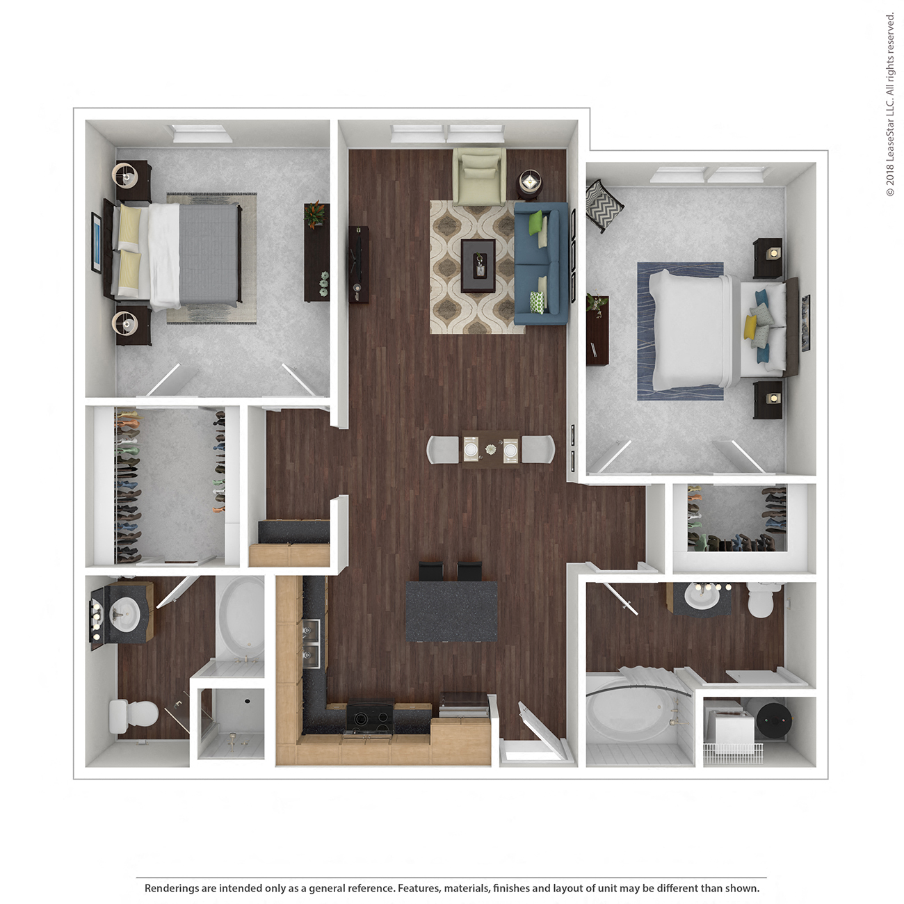 Floor plan for 2 beds, 2 baths, 1051 sqft